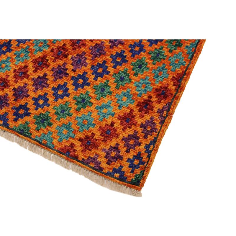 Modern Balochi Fry Orange/Blue Hand Knotted Wool Rug - 3'4'' x 4'10''