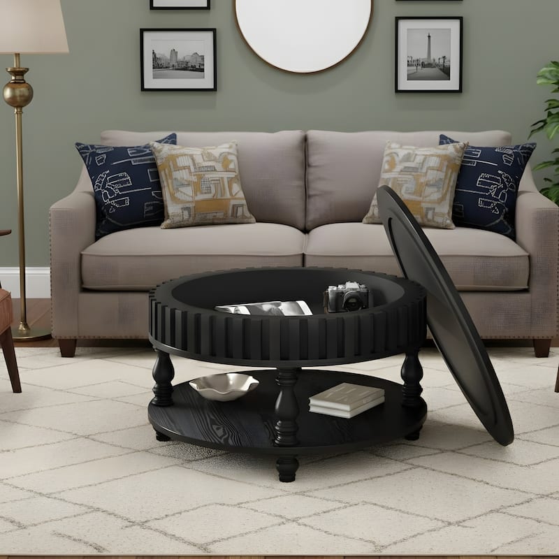 Farmhouse Fluted Coffee Table with Storage and Flip-Top Lids - Black