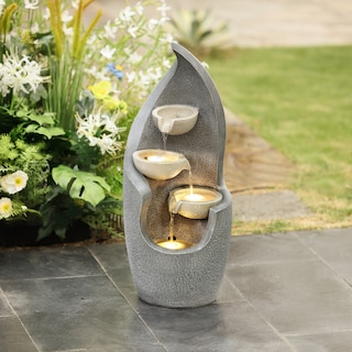 Gray Curves Cascading Bowls Resin Outdoor Fountain with LED Lights