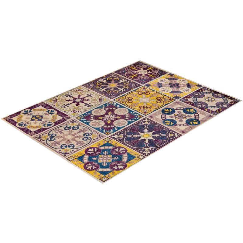 Overton Hand Knotted Wool Contemporary Patchwork Ivory Area Rug - 9' x 12'