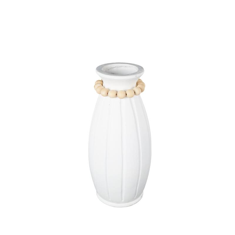 White Magnesium Oxide Decorative Vase with Light Brown Beads and Carved Grooves