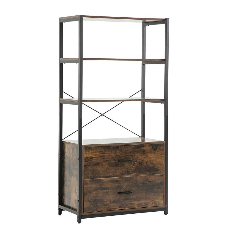 Industrial Bookcase with File Cabinet Drawers, 62.7 in Tall Bookshelf 4 Tier, Freestanding Storage Home Office Cabinet - Brown
