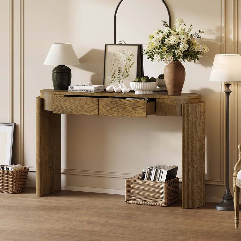 Console Table with Fluted Legs,Oval Top and 2 Drawers for Modern and Elegant Living Spaces