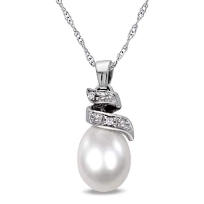 Miadora Cultured Freshwater Pearl and Diamond Spiral 10k White Gold