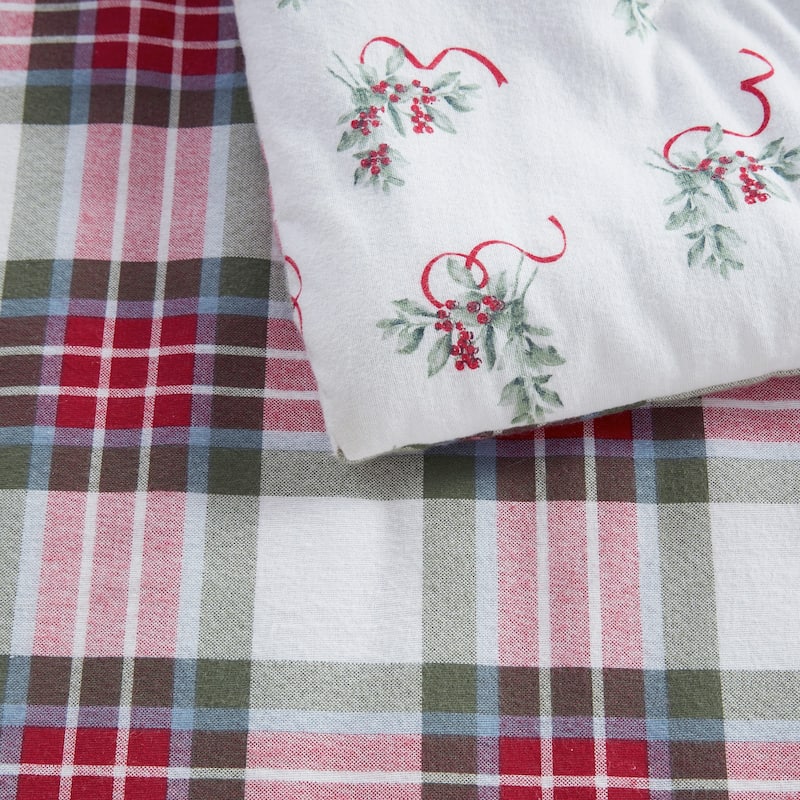 Martha Stewart Yuletide Spruce Plaid Cotton Flannel Red Comforter Set