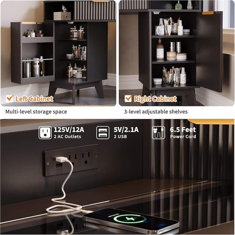 48 inch Fluted Corner Vanity Desk with Lights and Triple Mirror