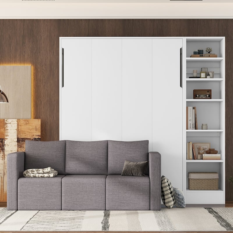 White Full Size Murphy Bed with Sofa and Built-in Shelves, Space-Saving Design