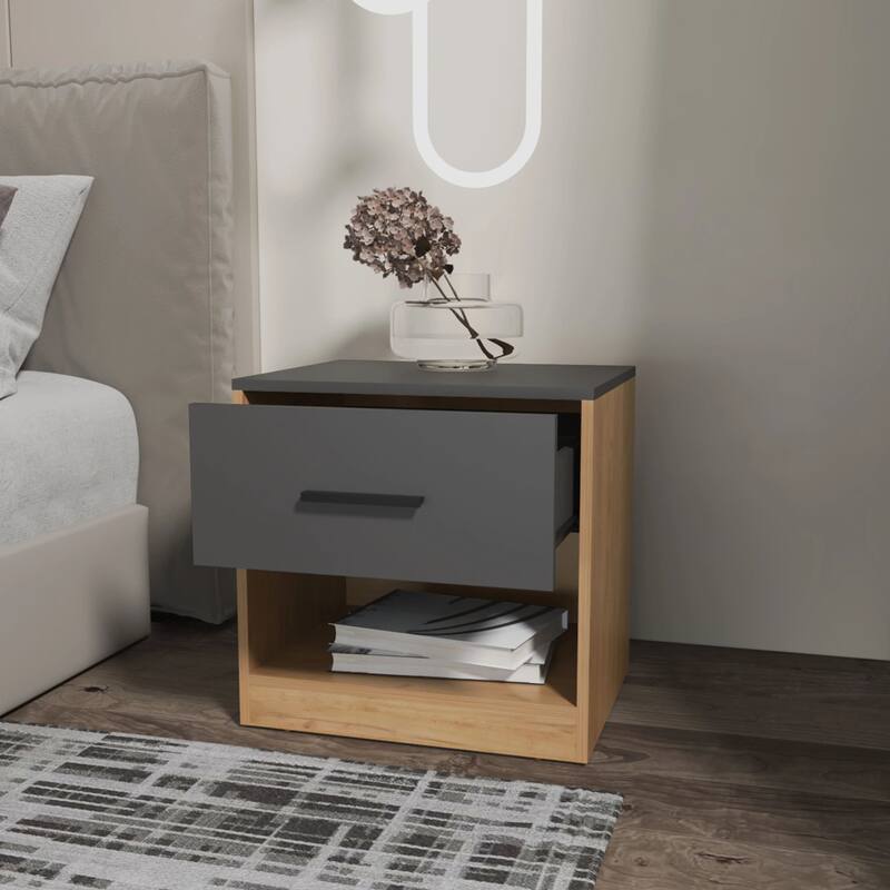 Natural Oak and Matt Grey Nightstand with Drawer and Open Shelf
