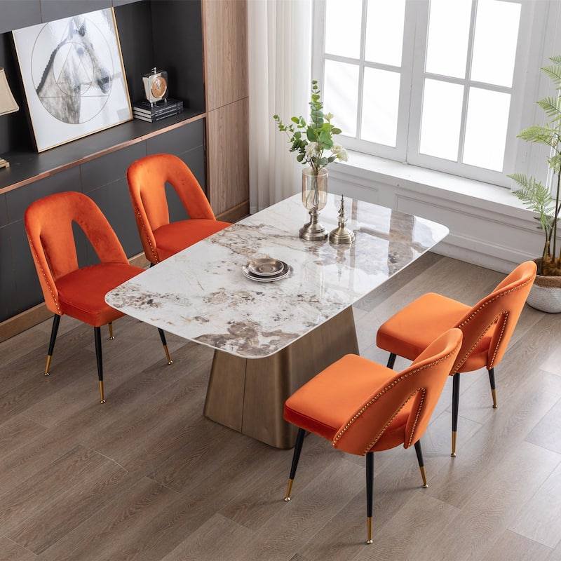 Velvet Upholstered Dining Chairs Set of 2, Thickened Fabric Kitchen Chairs, Leisure Chairs with Nailheads & Metal Legs