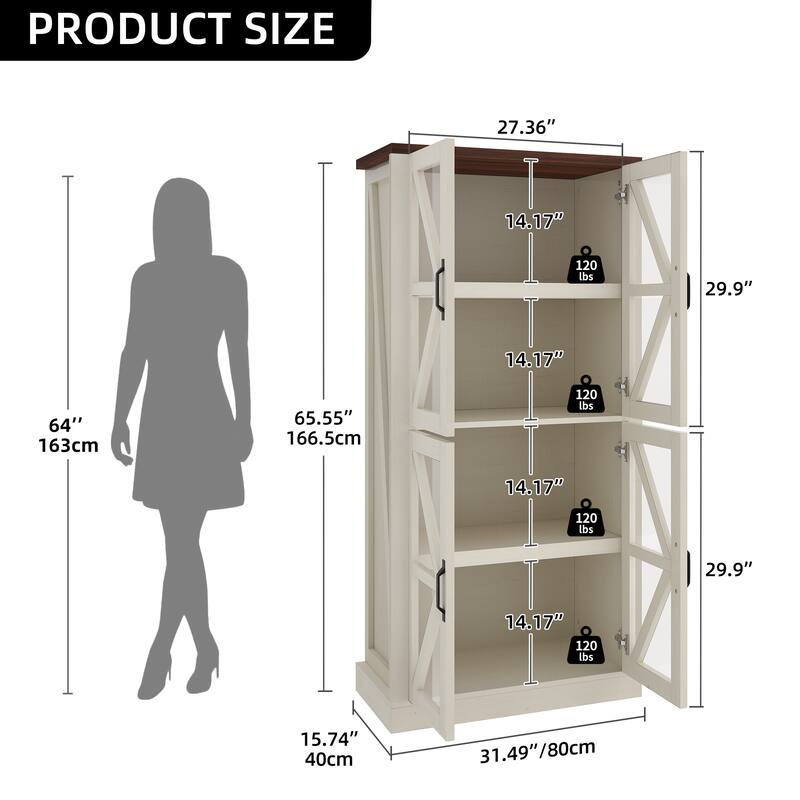 Moasis 65-inch Tall 4 Tiers Large Kitchen Storage Pantry Cabinet with Glass Doors