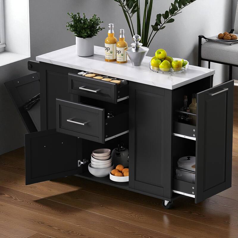 50.7" Rolling Kitchen Island with Tilt Trash Cabinet, Drop Leaf, Pull-Out Organizer, 2 Drawers and 1 Door