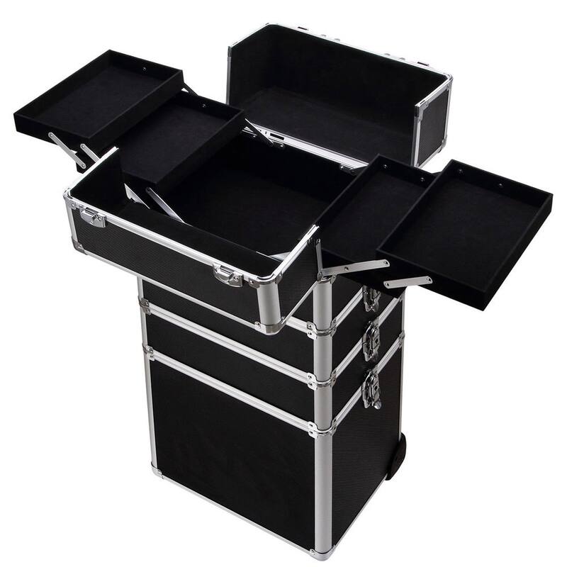 Black Aluminum Multiple Compartments Makeup Case with Draw-Bar Design for Travel Friendly - 13.77” x 9.84” x 29.52