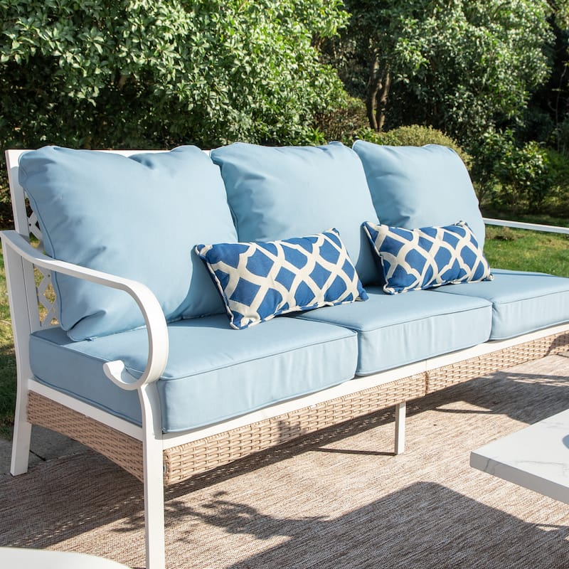 MAISON ARTS 5-Seat Patio Furniture Set, 2 x Cushioned Metal Chair, 1 x 3-Seat Sofa with Marbling Coffee Table