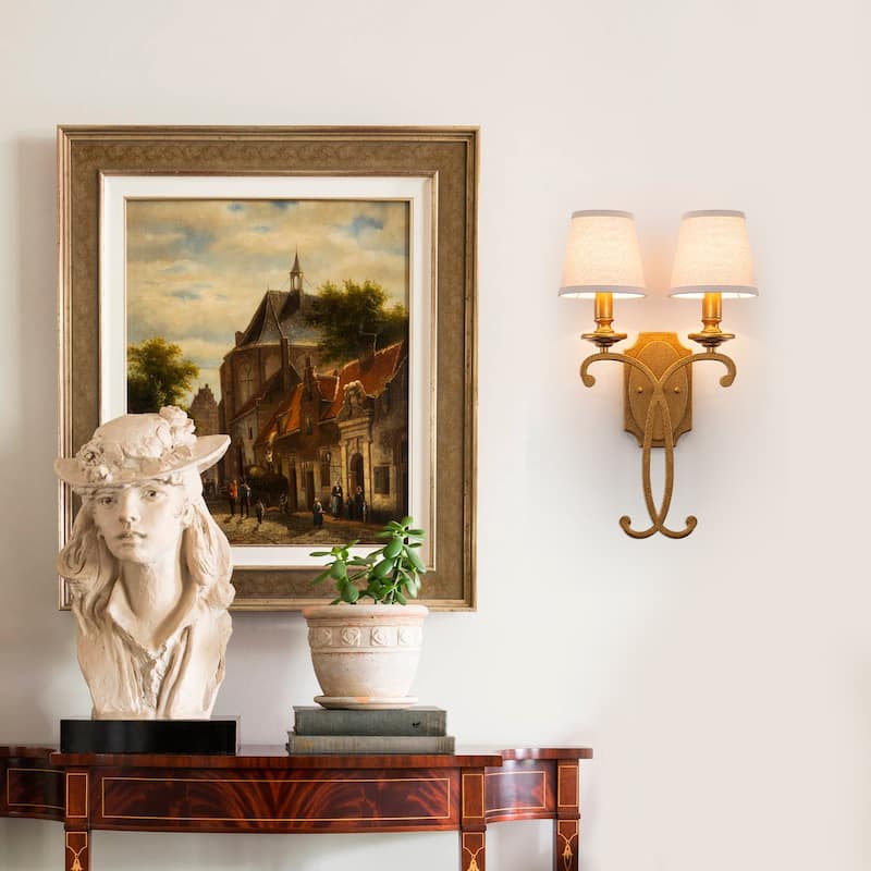 2-Light Antique Gold Metal Wall Sconce Cone Linen Fabric Shades