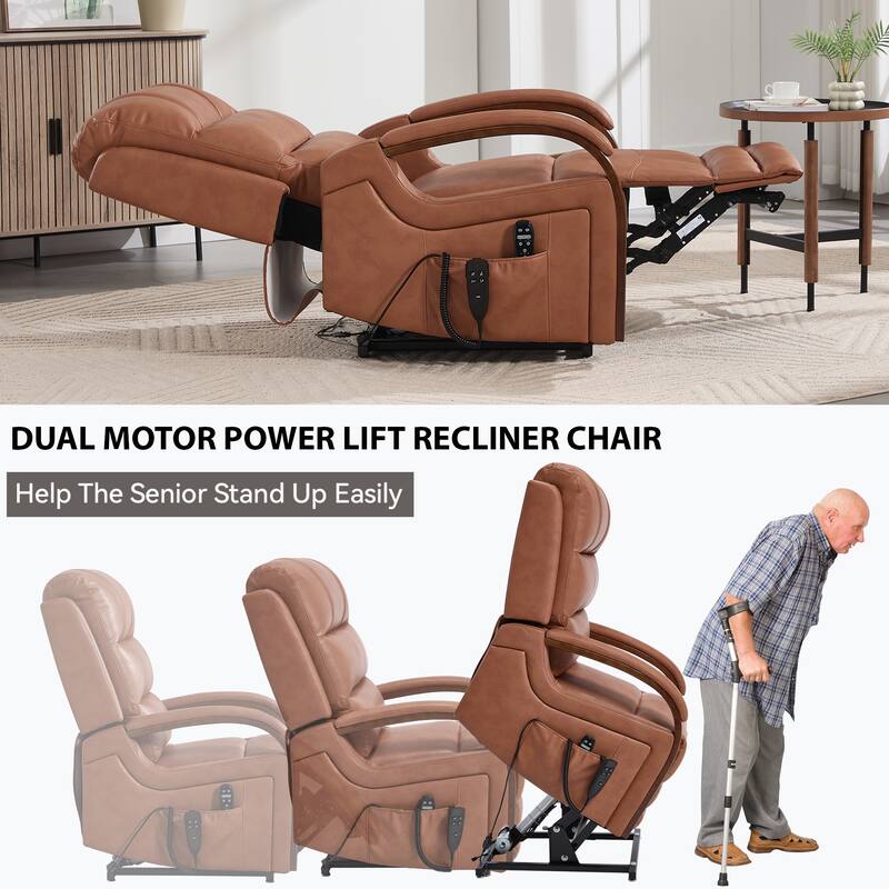 Power Leatheraire Lift Recliner Chair Dual Motor Infinite Position Up to 350 LBS with Solid Wood Armrests