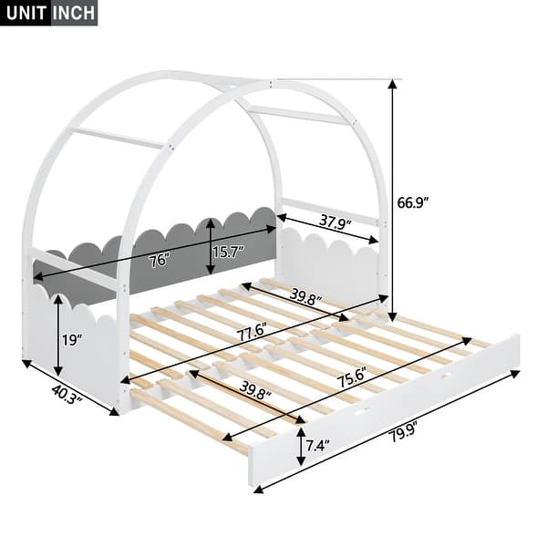 slide 2 of 9, Twin Size Pine Wood Frame Platform Bed with Stretchable Vaulted Roof, Children's Bed with Recess Handle, White+Gray