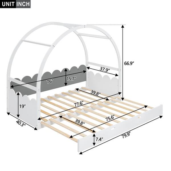 dimension image slide 1 of 2, Twin Size Stretchable Vaulted Roof Bed for Kids, Adjustable to King Size, House Shape with Safety Guardrails, White+Grey