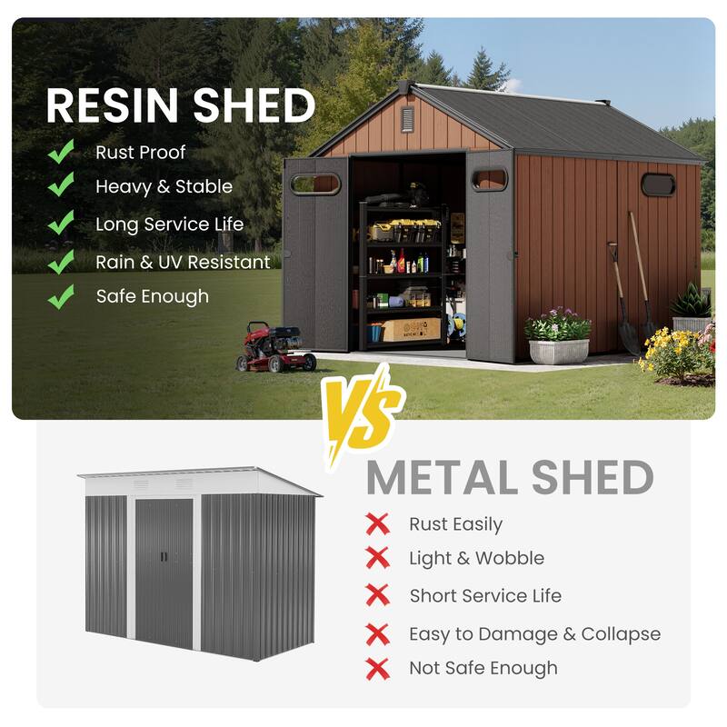 8' x 8' / 8' x 10'/ 8' x 12' Outdoor Resin Storage Shed with Floor & Lockable Doors All-Weather Garden Tool Storage for Patio