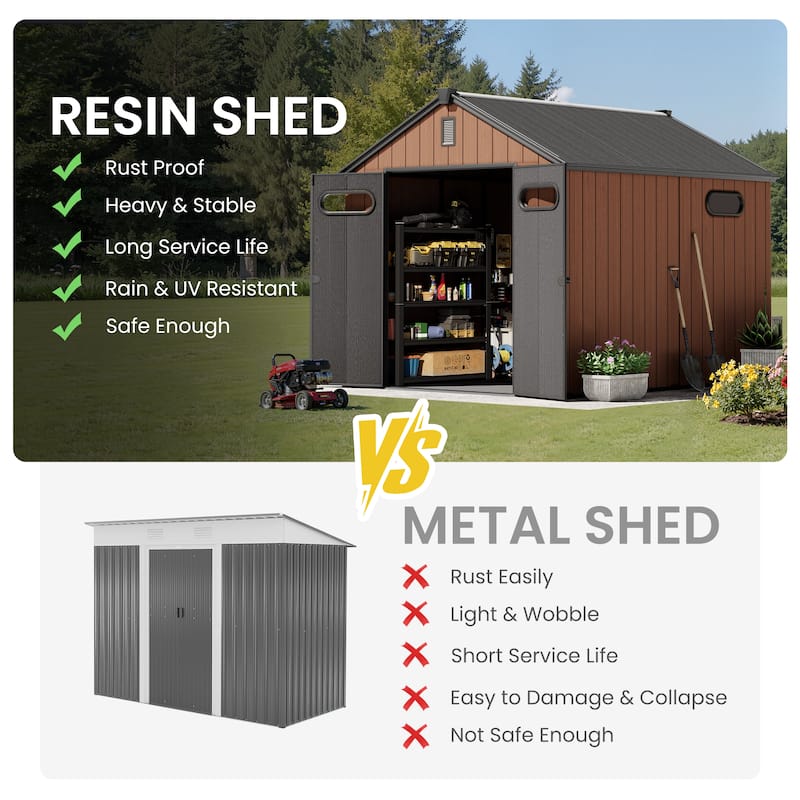 8' x 8' / 8' x 10'/ 8' x 12' Outdoor Resin Storage Shed with Lockable Doors and Air Vents for Garden