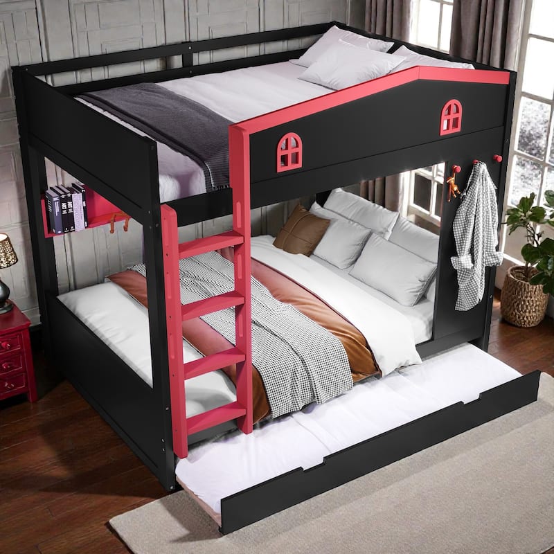 Solid Wood Bunk Bed with Trundle and Storage Shelves, Full Over Full/Queen Over Queen Bunk Bed with Hooks