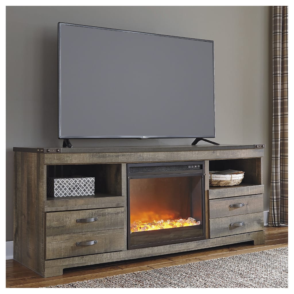 Signature Design by Ashley Trinell Brown 63" TV Stand for TVs up to 72" with Electric Fireplace - 63.5"W x 19.75"D x 26.25"H