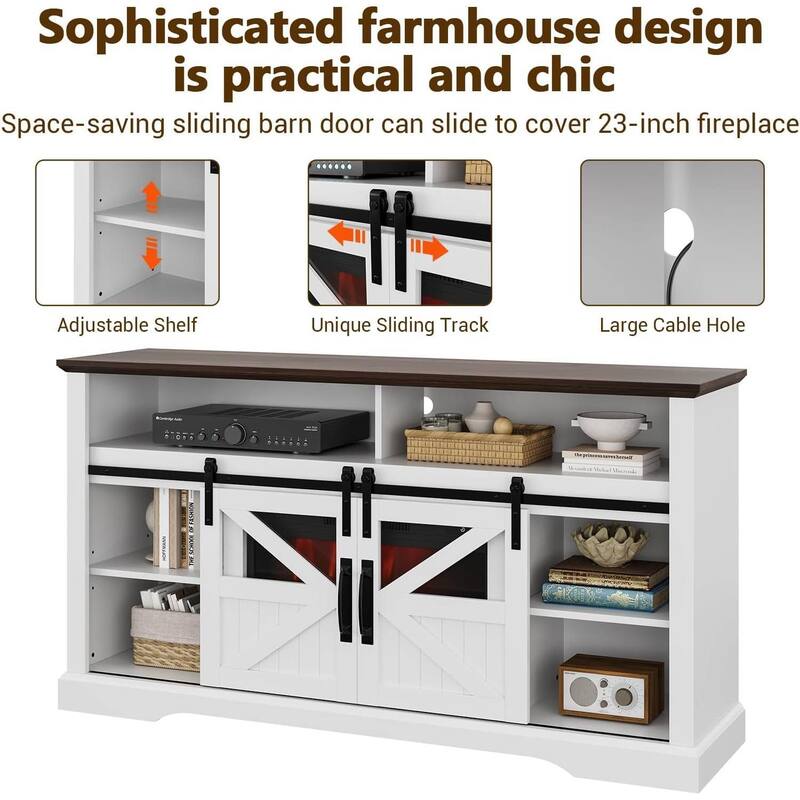 Farmhouse Electric Fireplace TV Stand Entertainment Center for Living Room, White