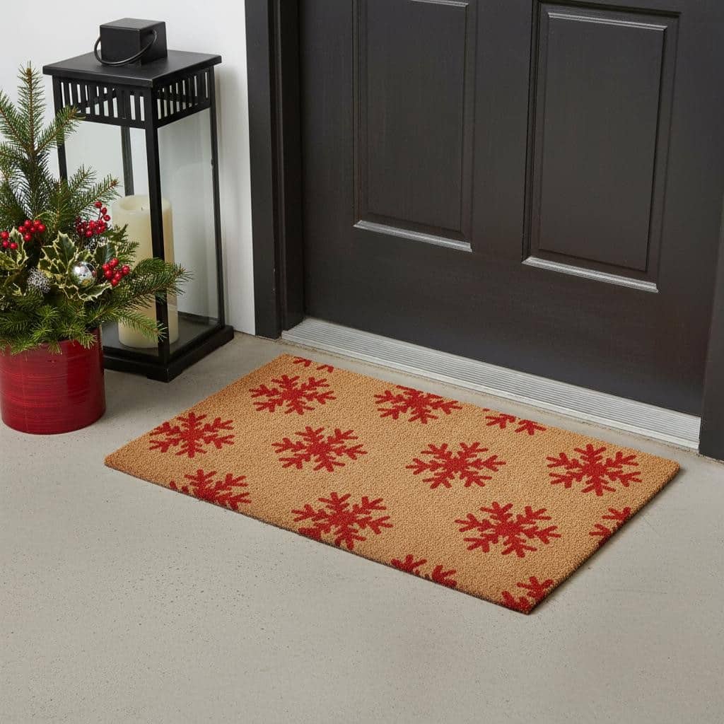 HomeRoots 24" X 36" Brown And Red Christmas Snowflake Outdoor Coir Door Mat - 24.00' X '36.00
