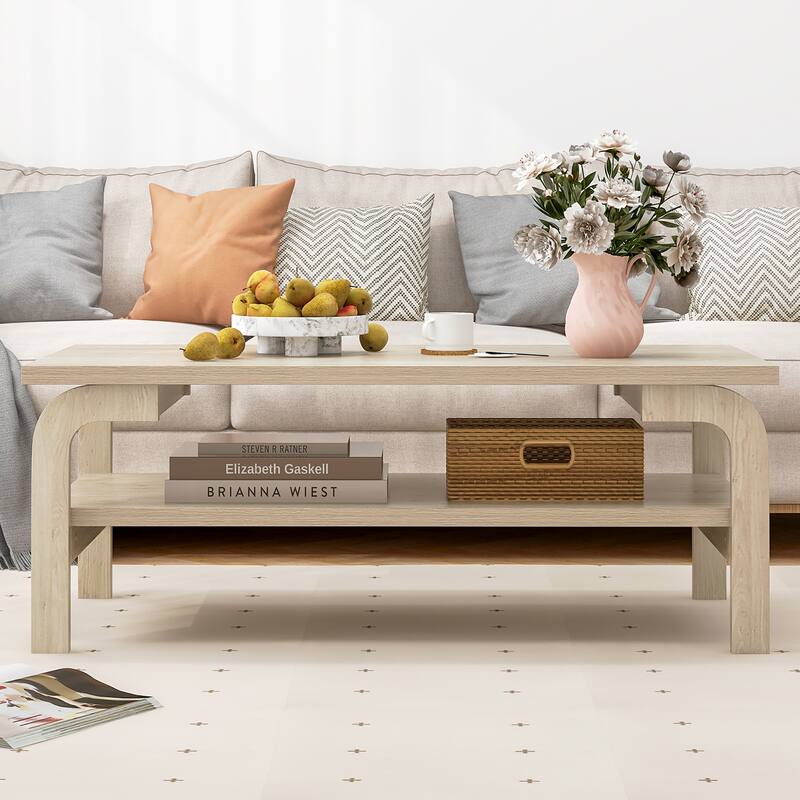 Gymax 47'' Rectangular Coffee Table w/ Storage Shelf & Curved Legs for