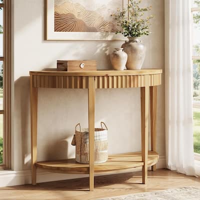 Solid Wood Fluted Console/Entryway Table with 2-Tier Storage Shelf