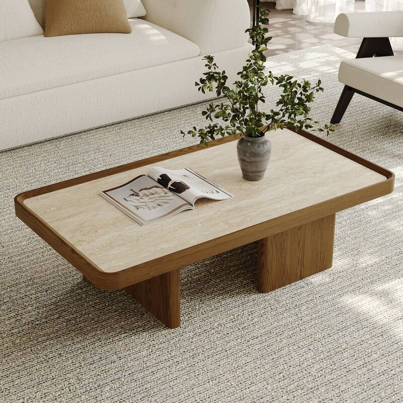 51.18" Mid Century Retangular Coffee Table, Beige Sintered Stone Table top, Solid Wood Legs - Wood/Marble - Beige