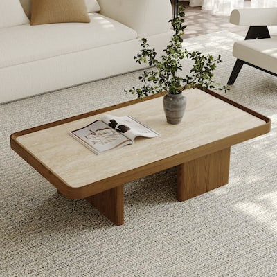 51.18" Mid Century Retangular Coffee Table, Beige Sintered Stone Table top, Solid Wood Legs
