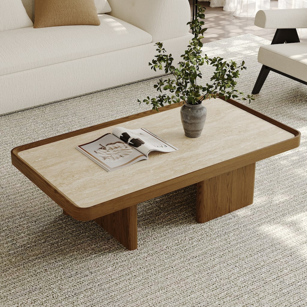 51.18" Mid Century Retangular Coffee Table, Beige Sintered Stone Table top, Solid Wood Legs