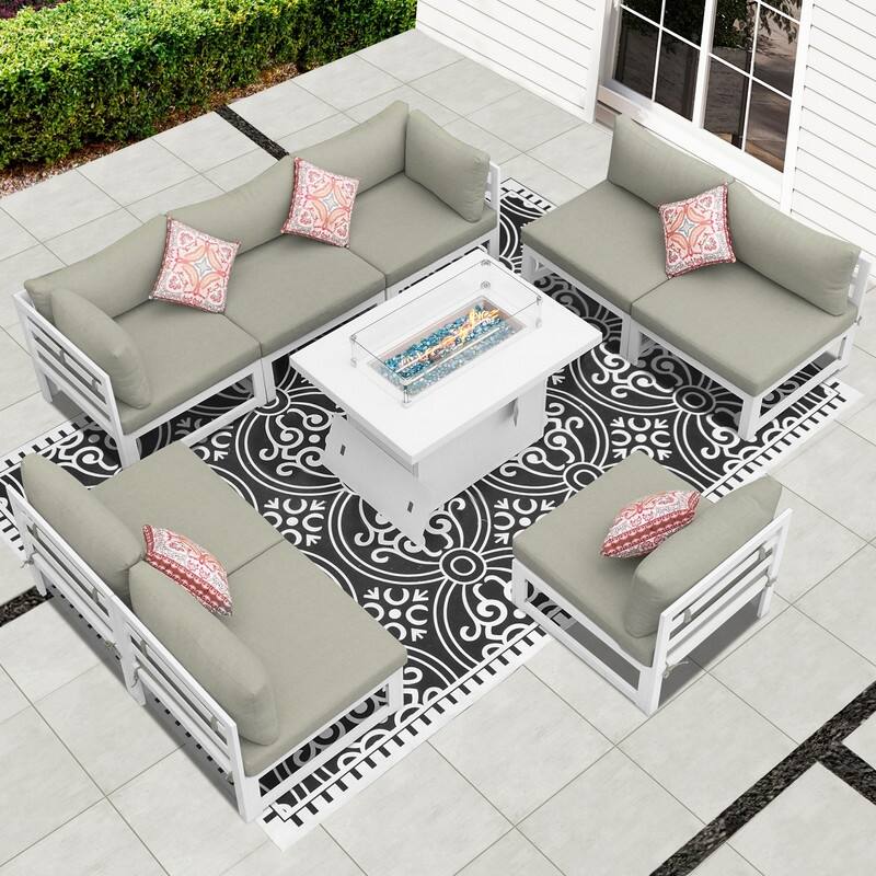 FINCATI Luxury 9-piece Oversized Aluminum Patio Furniture Set with 43'' Fire Pit Table for Outdoors - Beige