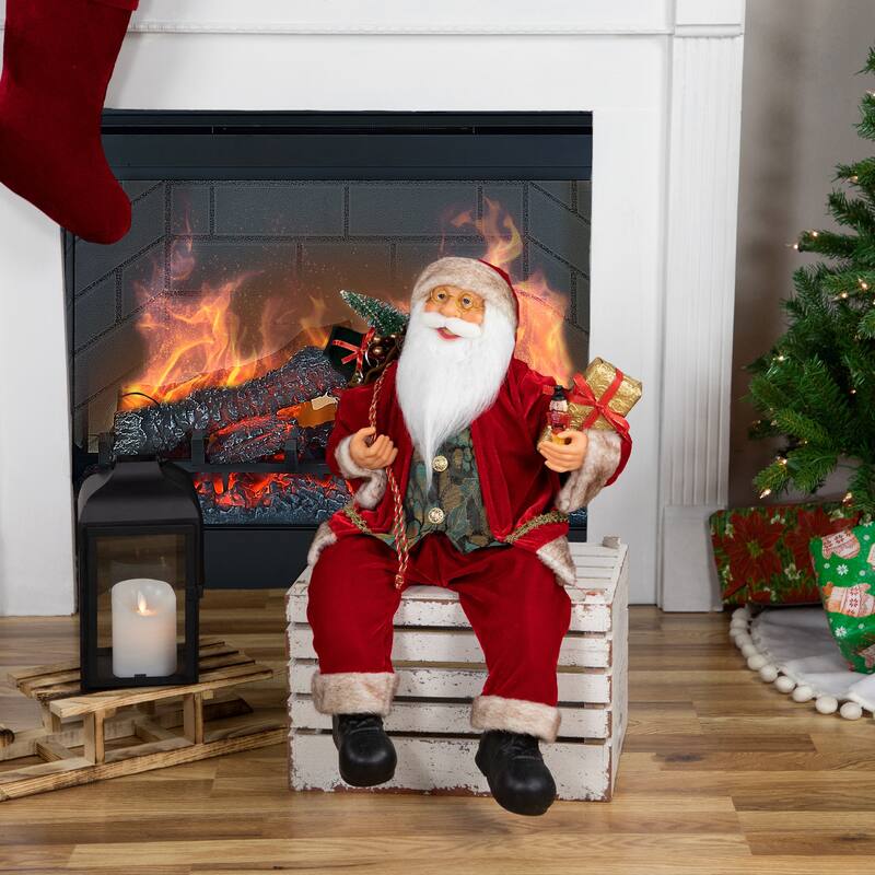 24" Sitting Santa Claus with Gift Bag and Presents Christmas Figure