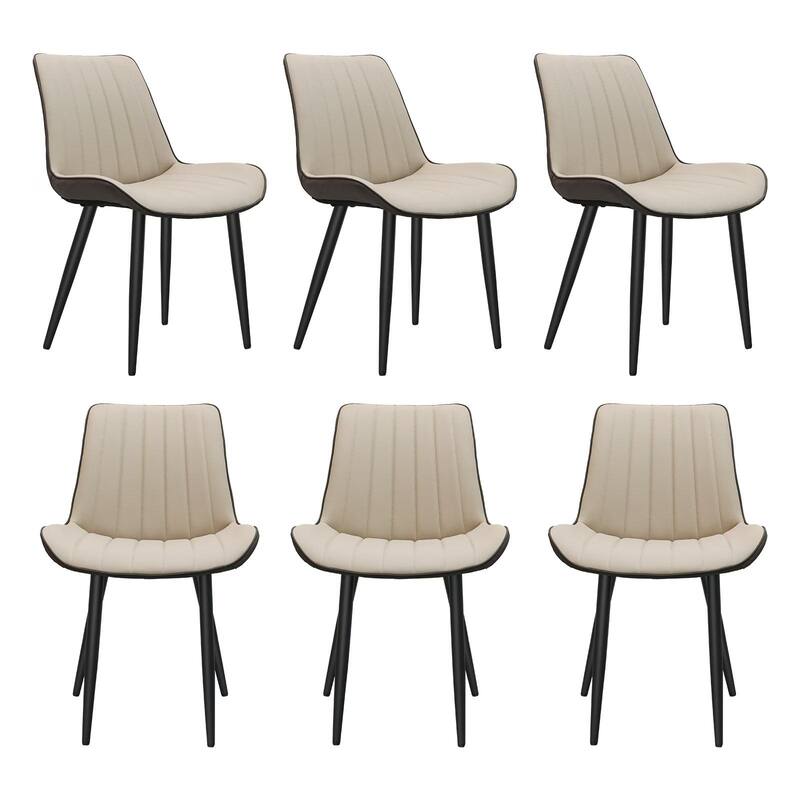 PU Leather Dining Chair with Metal Legs, Wave Pattern Upholstered Armless Chair Set of 6 for Kitchen - khaki