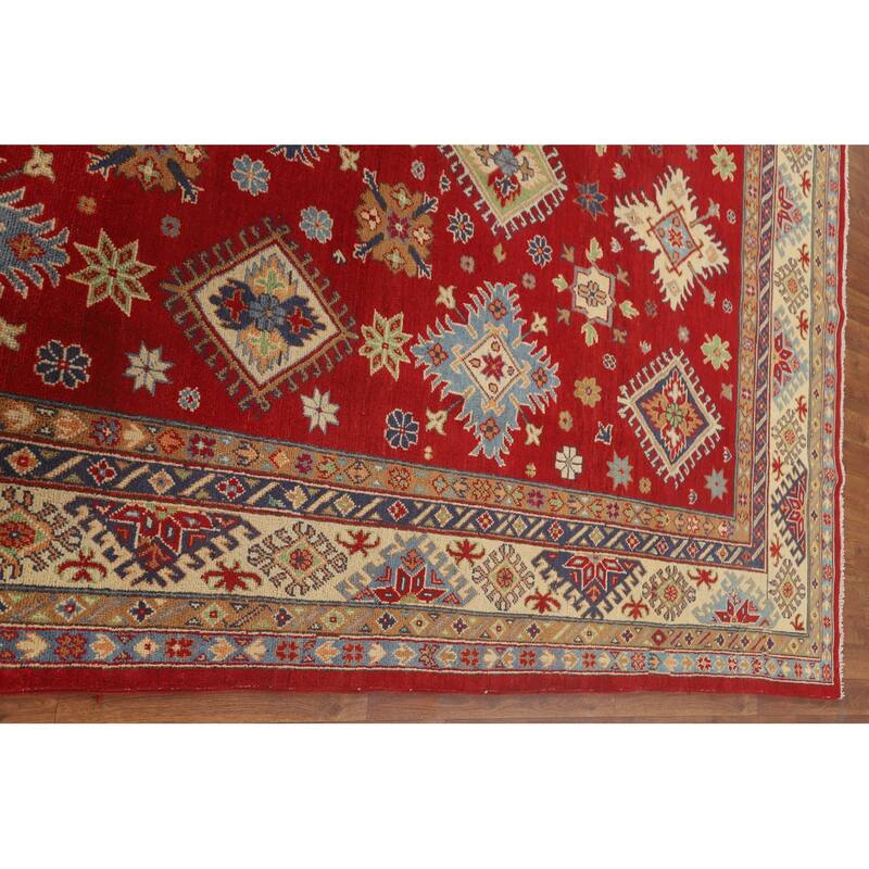 Red Geometric Kazak Area Rug Hand-Knotted Bedroom Wool Carpet - 6'2" x 10'2"
