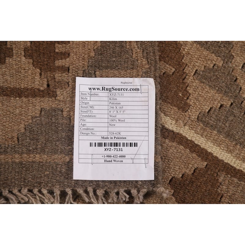 Brown Reversible Kilim Area Rug Flat-weave Oriental Wool Carpet - 5'5" x 8'1"