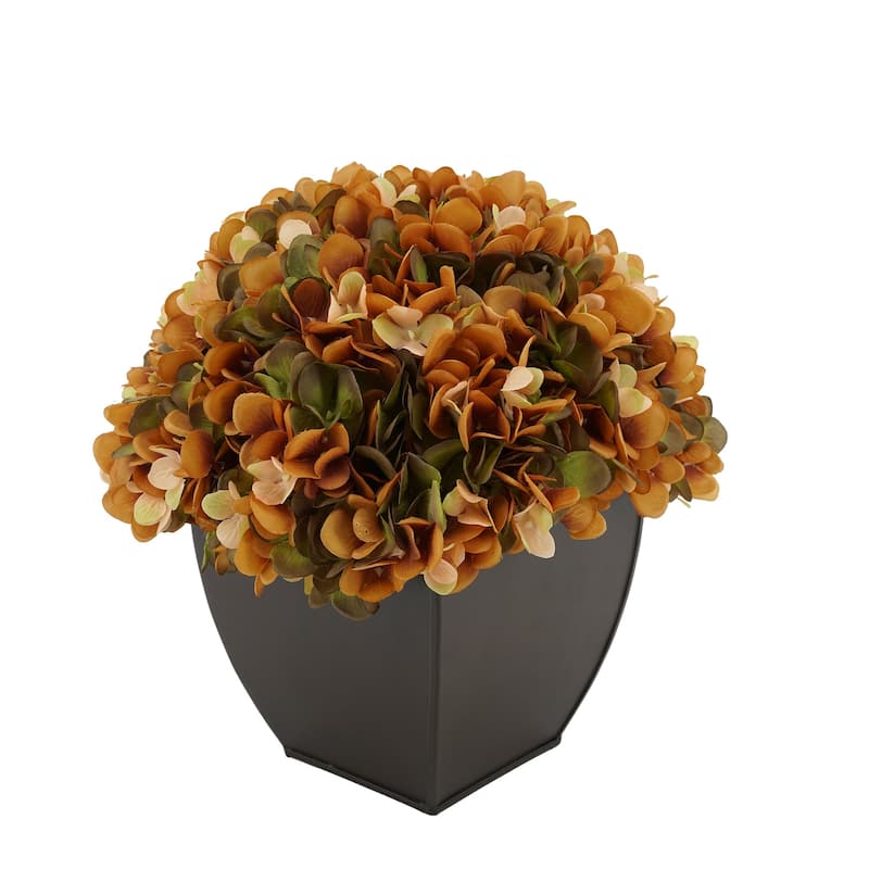 Faux Hydrangea in Matte Brown Tapered Zinc Cube - Coffee