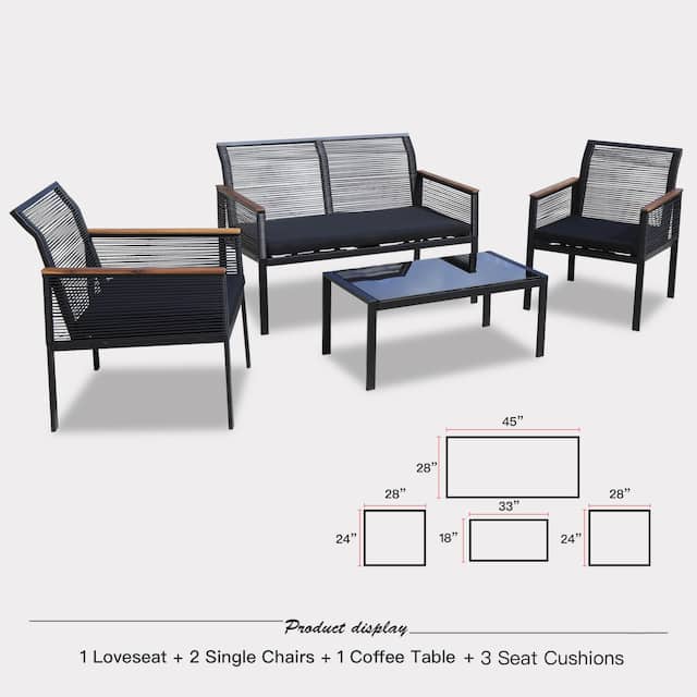 4piece Black Wicker Cord Patio Furniture Sofa Conversation Set On