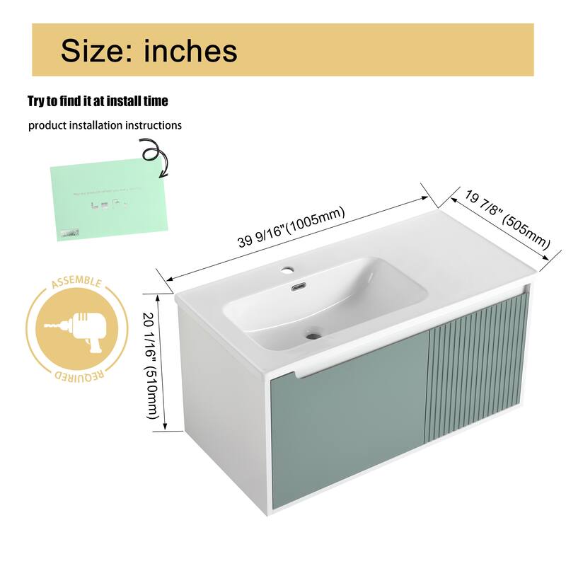 Malwee 32"/36"/40" Floating Bathroom Vanity, Wall Mounted Bathroom Vanity with Ceramic Sink,Soft Close Doors