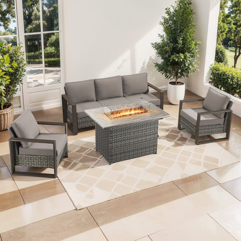 Pocassy Fire Pit Table with Outdoor Sofa Chair Ottoman Set - Grey Wicker Gray Cushion - 4-Piece Sofa Patio Chair with Fire Table