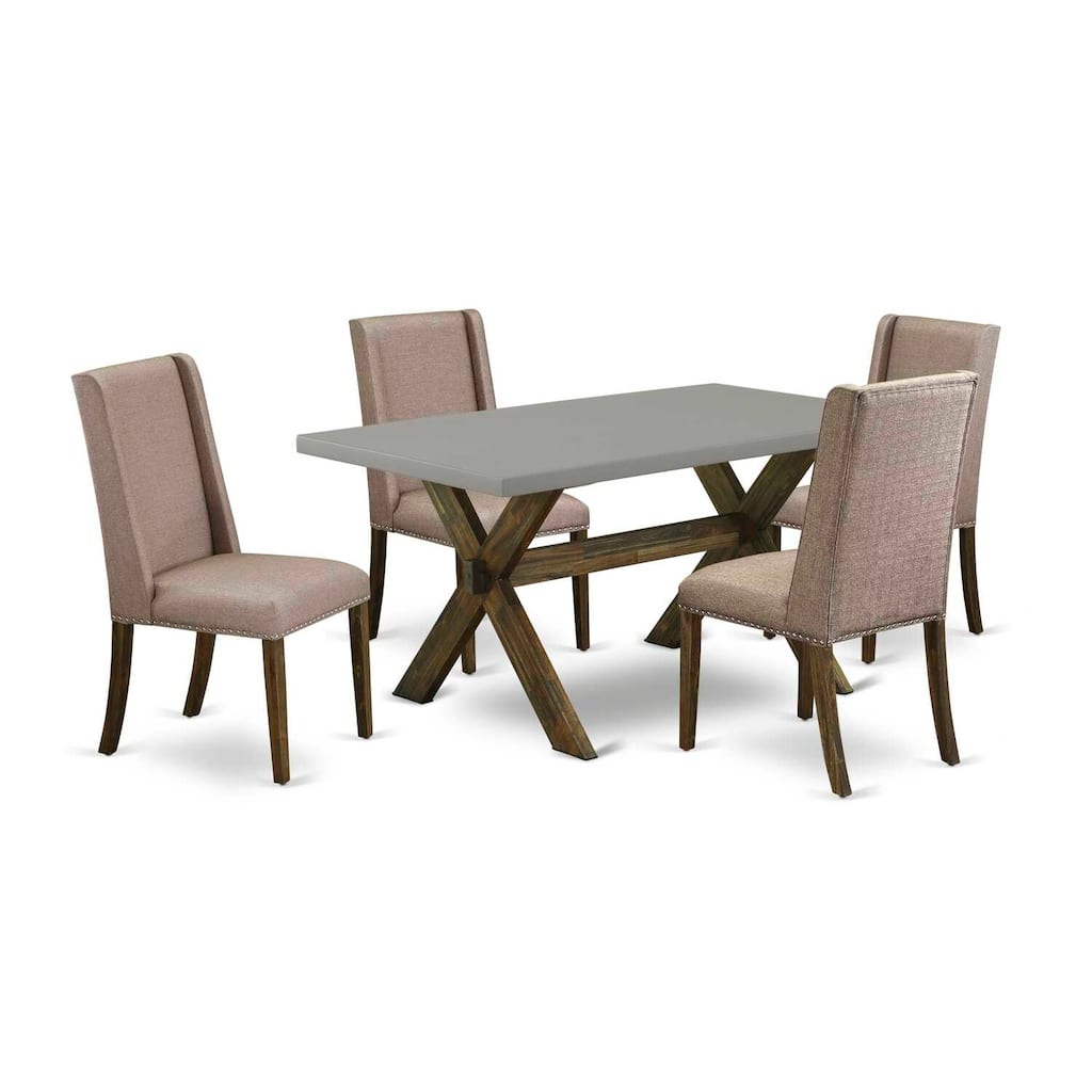 HomeStock 5-Piece Rectangle Distressed Jacobean Finish Solid Wood Top Dining Table with 4 Upholstered-Chairs with Lattice Back