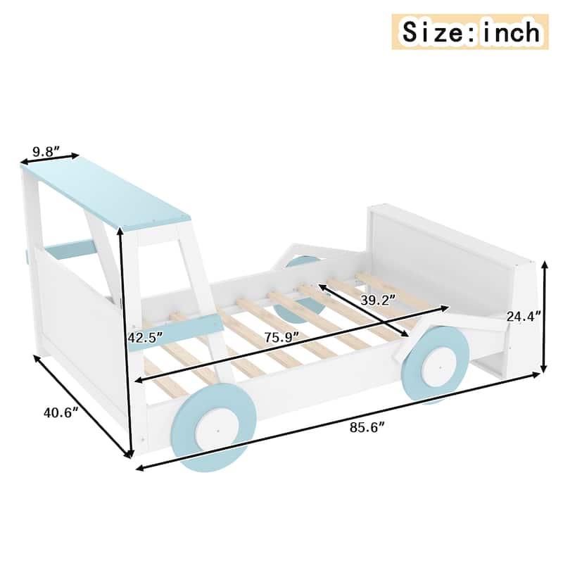 Twin Size Car Bed with Storage Shelves, Kids Platform Bed with Cute Car-shape, Childlike Design, Blue White