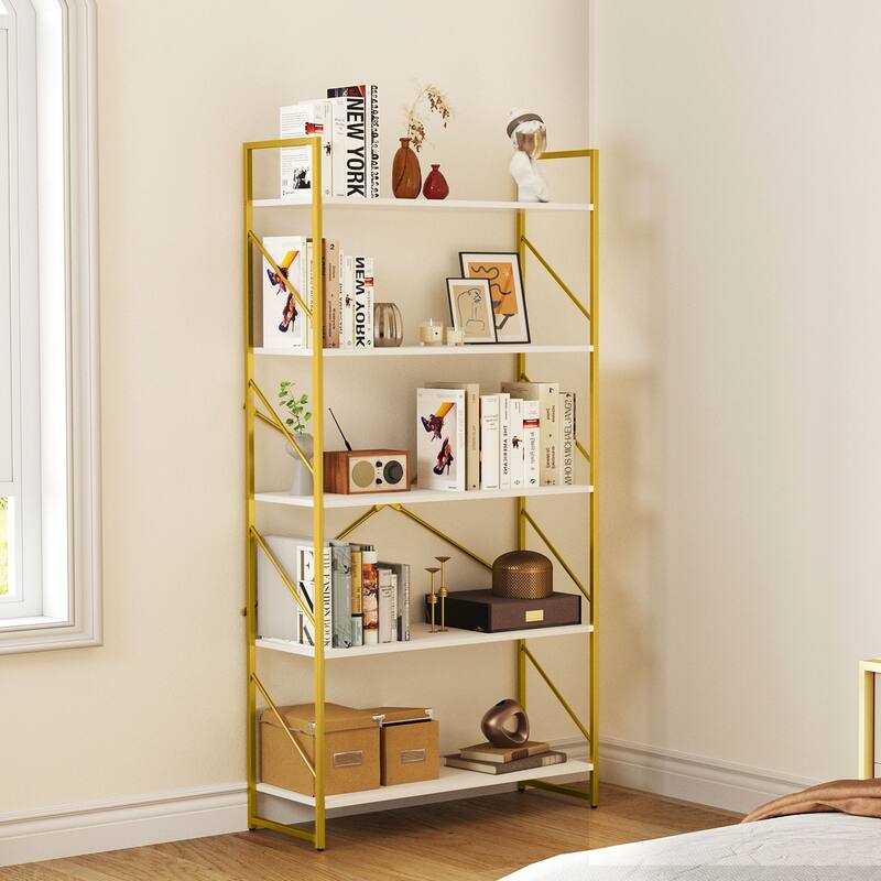 5 Tiers Wood Gold Bookshelf Modern Wide Bookcase Large Book Storage Rack White Gold