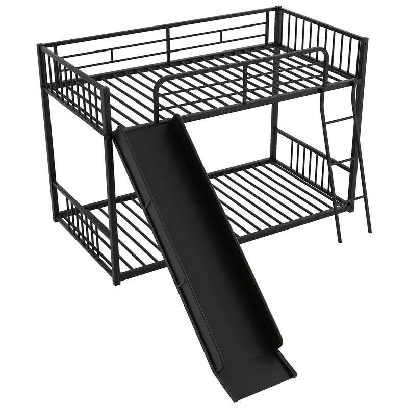 Twin Over Twin Metal Bunk Bed with Slide, Black - Space-Saving Kids Bed with Safety Railings