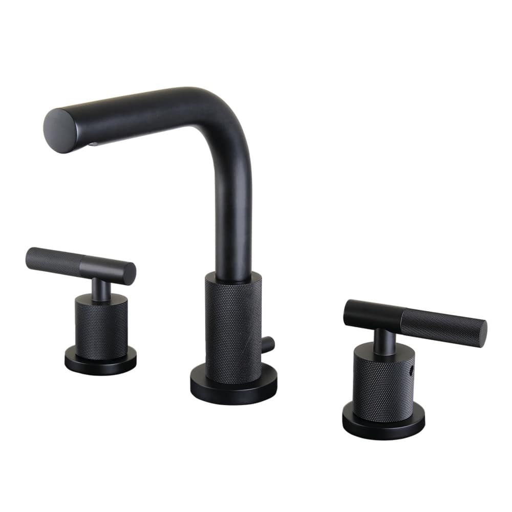 Kingston Brass Convergent Two-Handle 3-Hole Deck Mount Widespread Bathroom Faucet with Knurled Handle and Brass Pop-Up Drain
