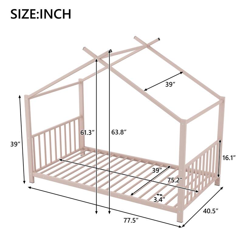 Twin Size Metal House Platform Bed, Pink