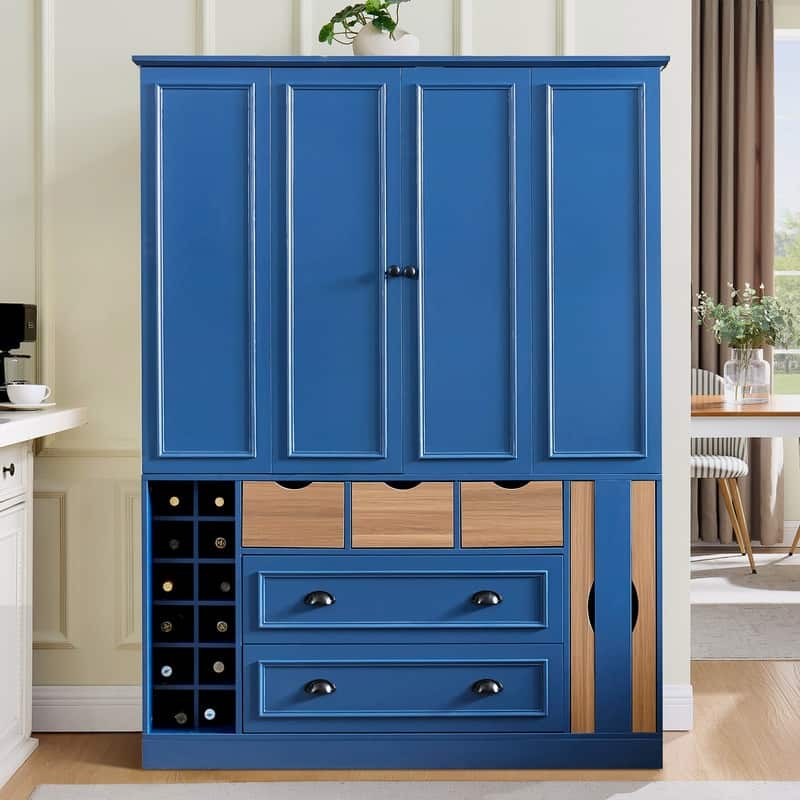 Farmhouse 71''H Kitchen Pantry Storage Cabinet with 4 Foldable Doors,Power Outlet, Shelves, Wine Racks and Serving Trays