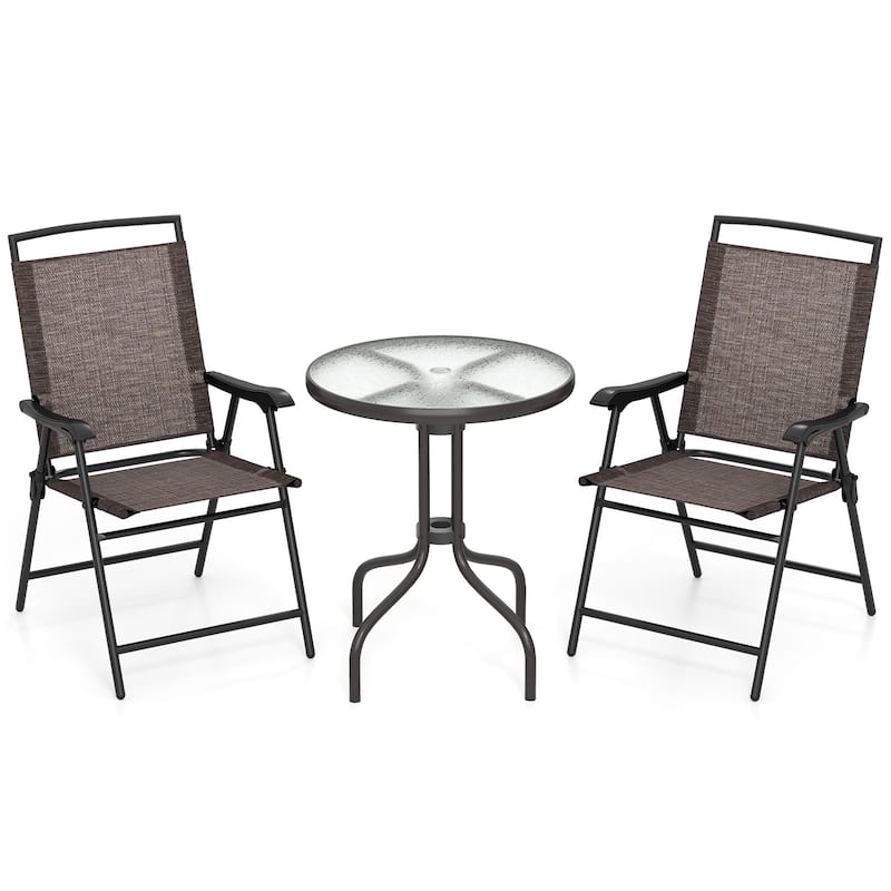 3 Pieces Modern Compact Patio Table with 2 Folding Chairs Set and Umbrella Hole for Small Spaces - 22" x 25.5" x 37"