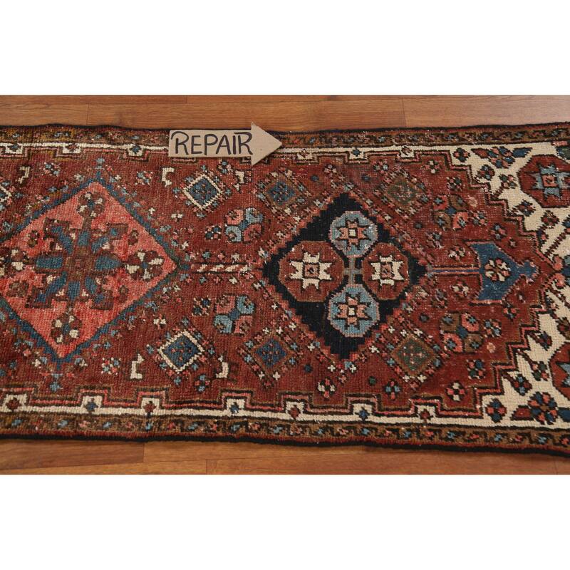 Hand Knotted Oriental 100% Wool Carpet Traditional Geometric Oranges & Rust Heriz (serapi) Runner Rug - 10' 7'' X 2' 1''